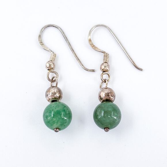 Vintage Sterling Silver 925 Green Jadeite Sphere Dangle Earrings - Picture 5 of 8